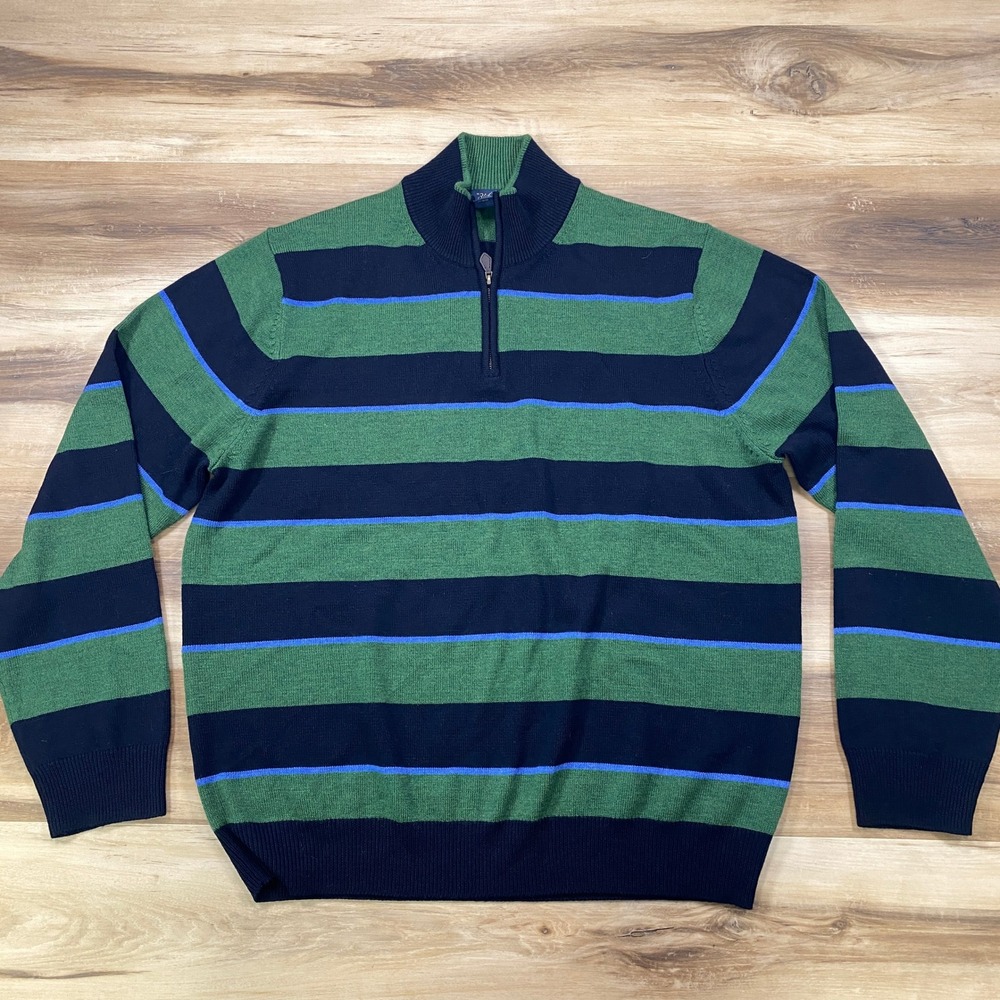 Brooks Brothers Sweater Mens XXL Heritage Merino Wool Quarter‎ Zip Striped Blue